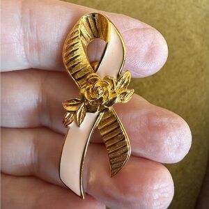 Vintage Avon Gold and Blush Pink Enamel Awareness Ribbon Brooch Lapel Pin